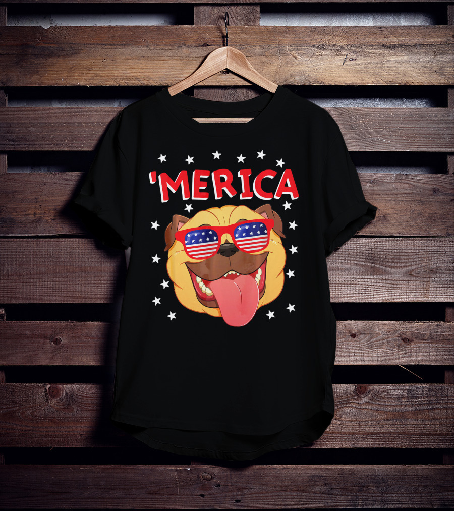 'Merica Pug Wearing American Flag Sunglasses With Stars T-Shirt