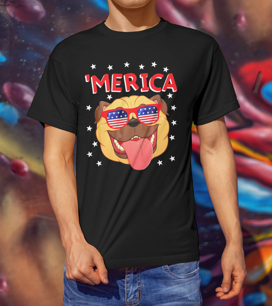 'Merica Pug Wearing American Flag Sunglasses With Stars T-Shirt