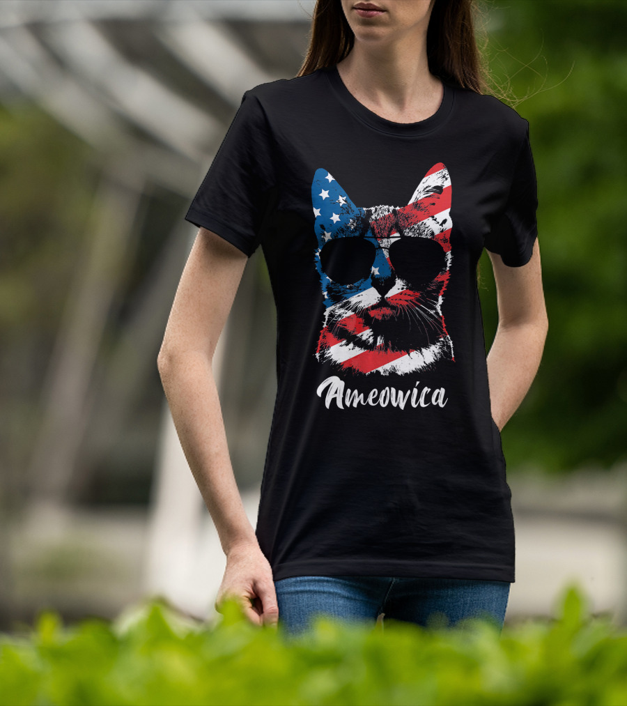 Ameowica Funny Cat Lover Patriotic Stars And Stripes Sunglasses T-Shirt