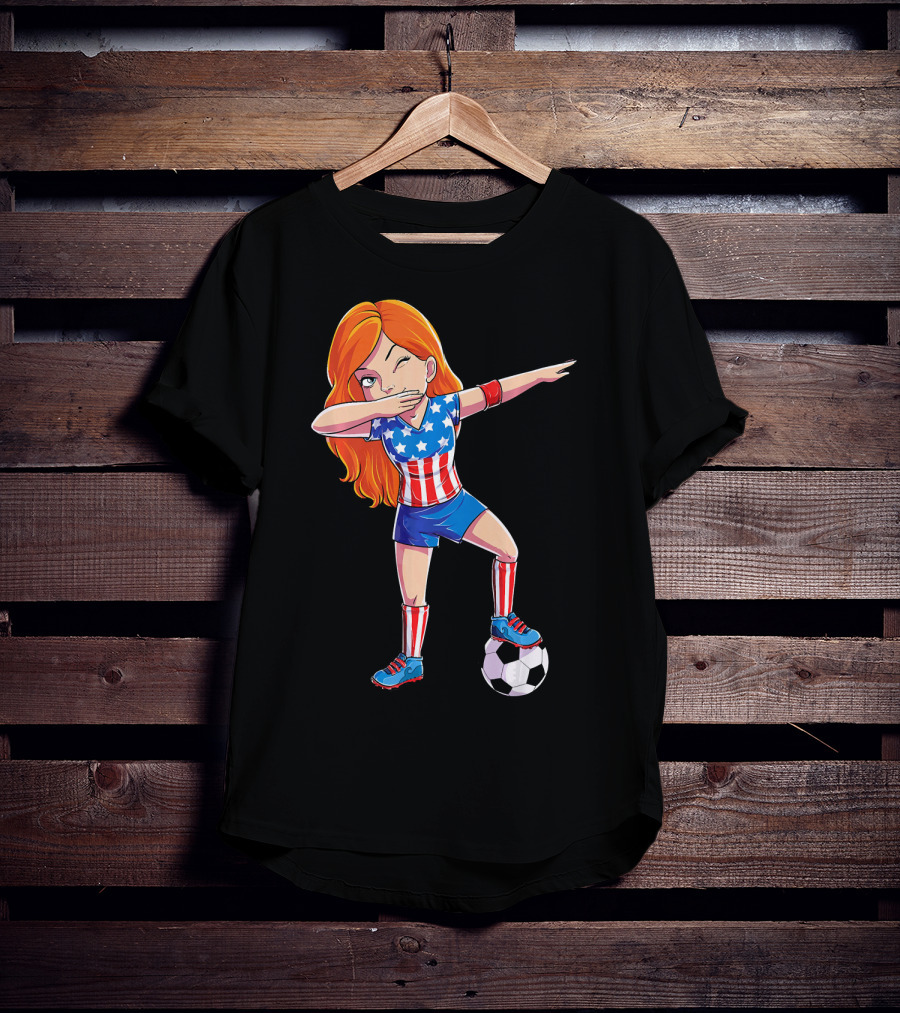 Dabbing Soccer Girl USA Flag Stars And Stripes Jersey T-Shirt