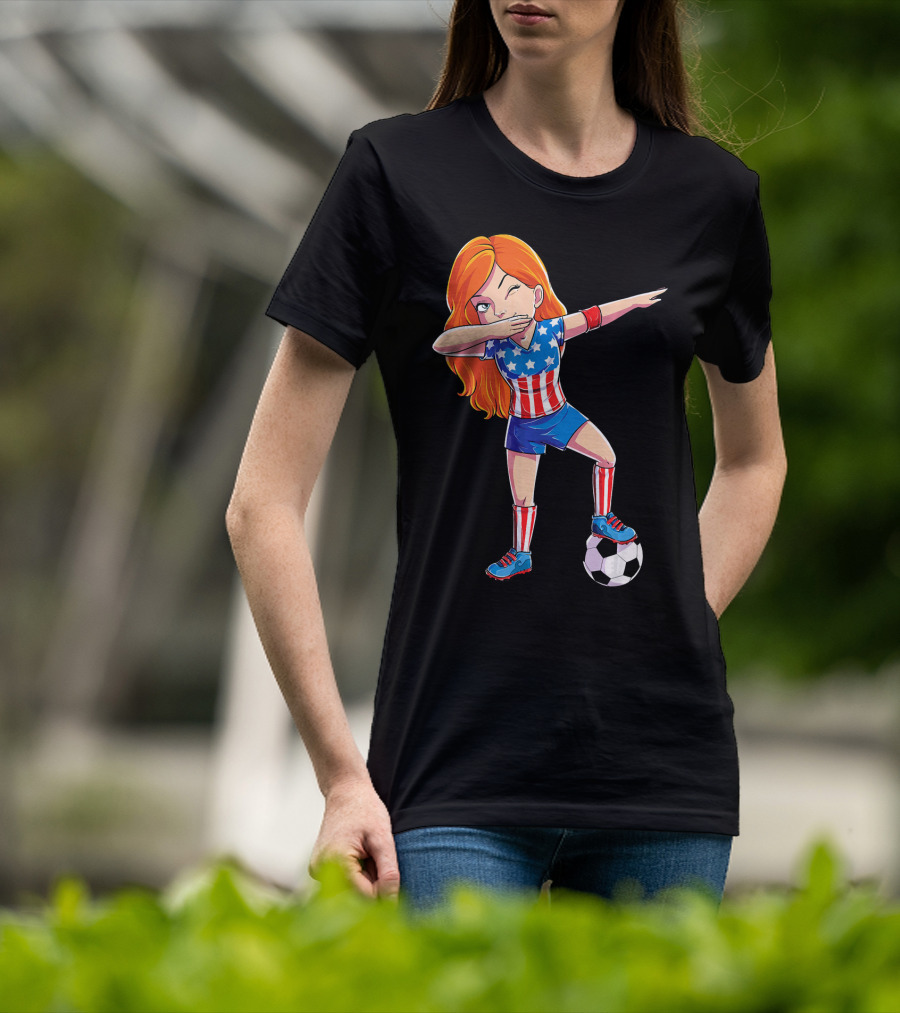Dabbing Soccer Girl USA Flag Stars And Stripes Jersey T-Shirt