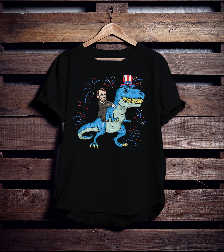 Abe Lincoln Patriotic Dinosaur Riding Fireworks Hat T-Shirt