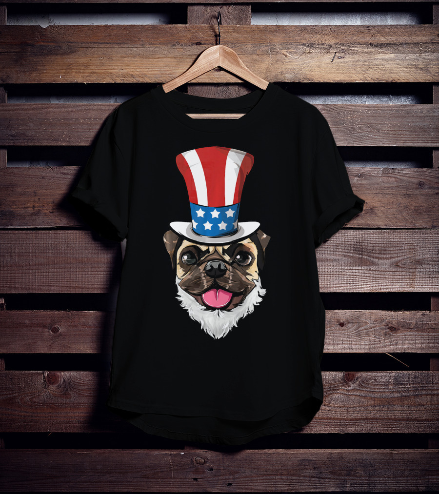 Pug Dog Wearing Uncle Sam Hat And Lincoln Beard T-Shirt