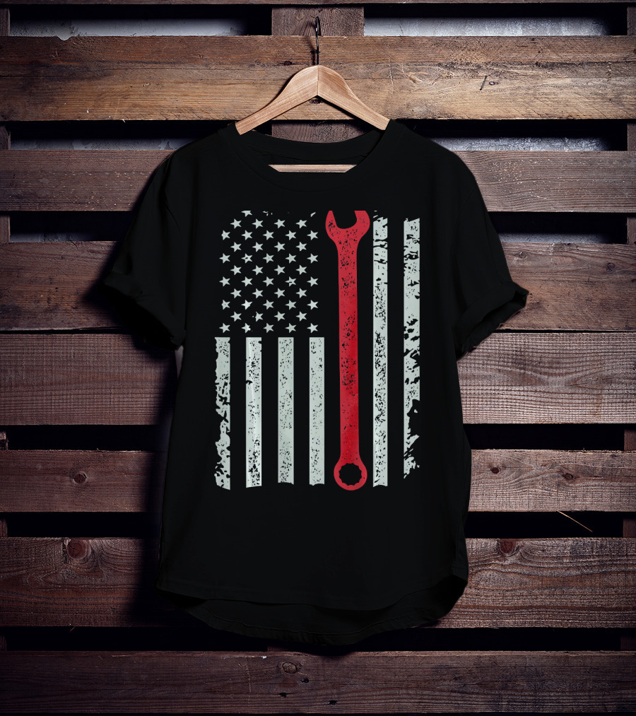 American Flag With Red Mechanic Wrench T-Shirt