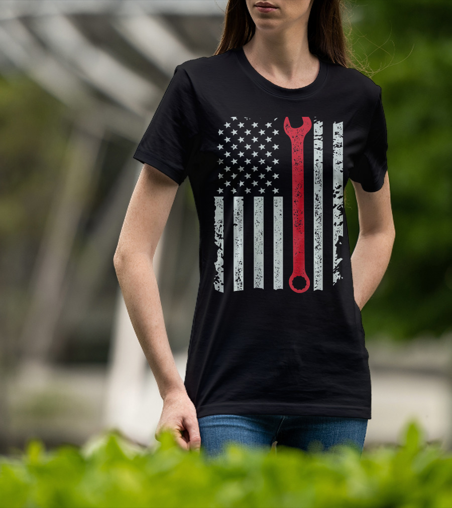 American Flag With Red Mechanic Wrench T-Shirt