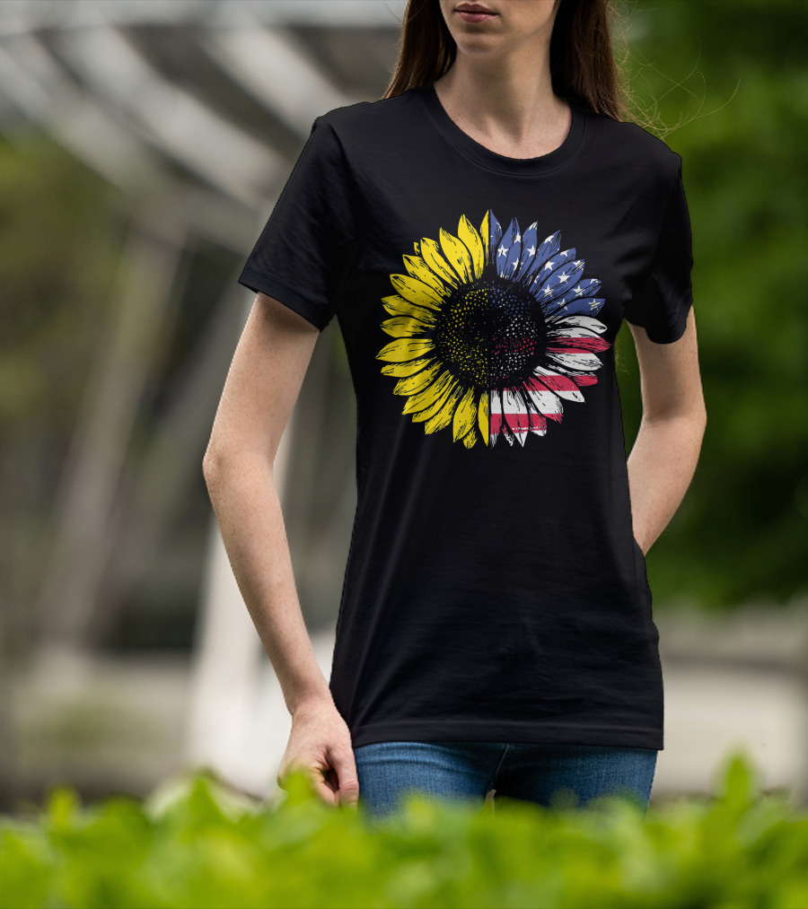 Sunflower With American Flag Stars And Stripes Patriotic T-Shirt