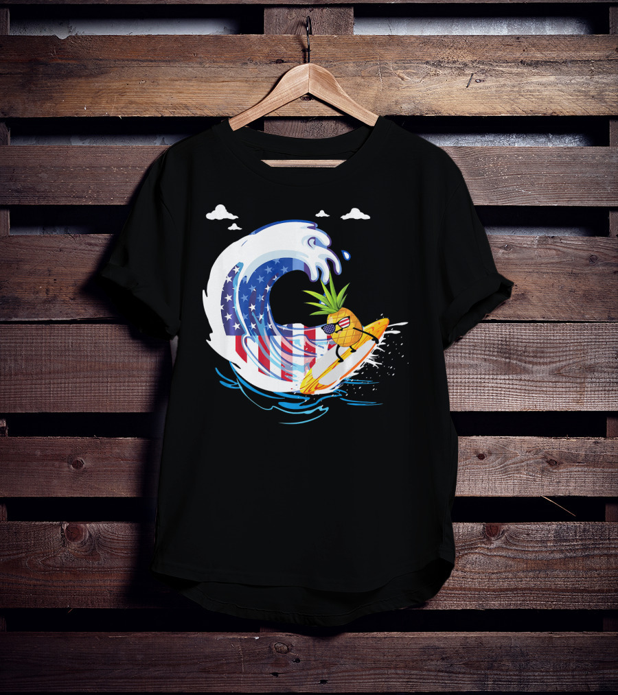 Pineapple Surfing American Flag Wave Hawaiian T-Shirt