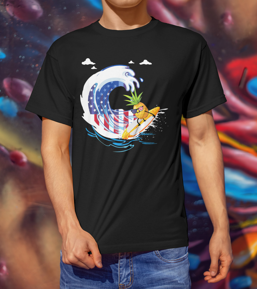 Pineapple Surfing American Flag Wave Hawaiian T-Shirt