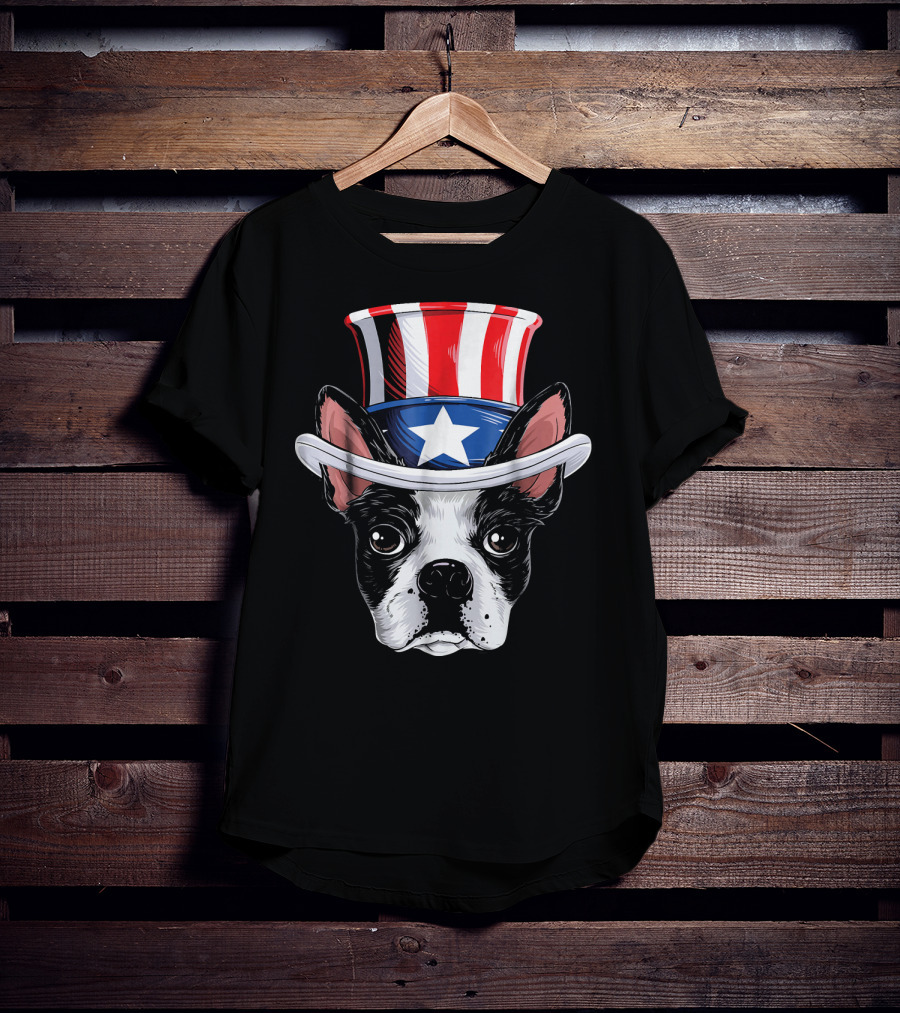 Boston Terrier Wearing Uncle Sam Hat With Star And Stripes T-Shirt