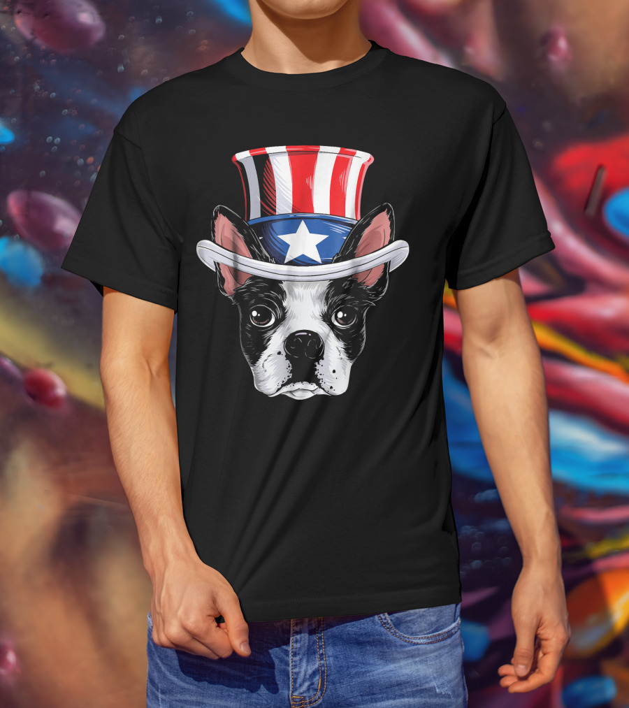 Boston Terrier Wearing Uncle Sam Hat With Star And Stripes T-Shirt