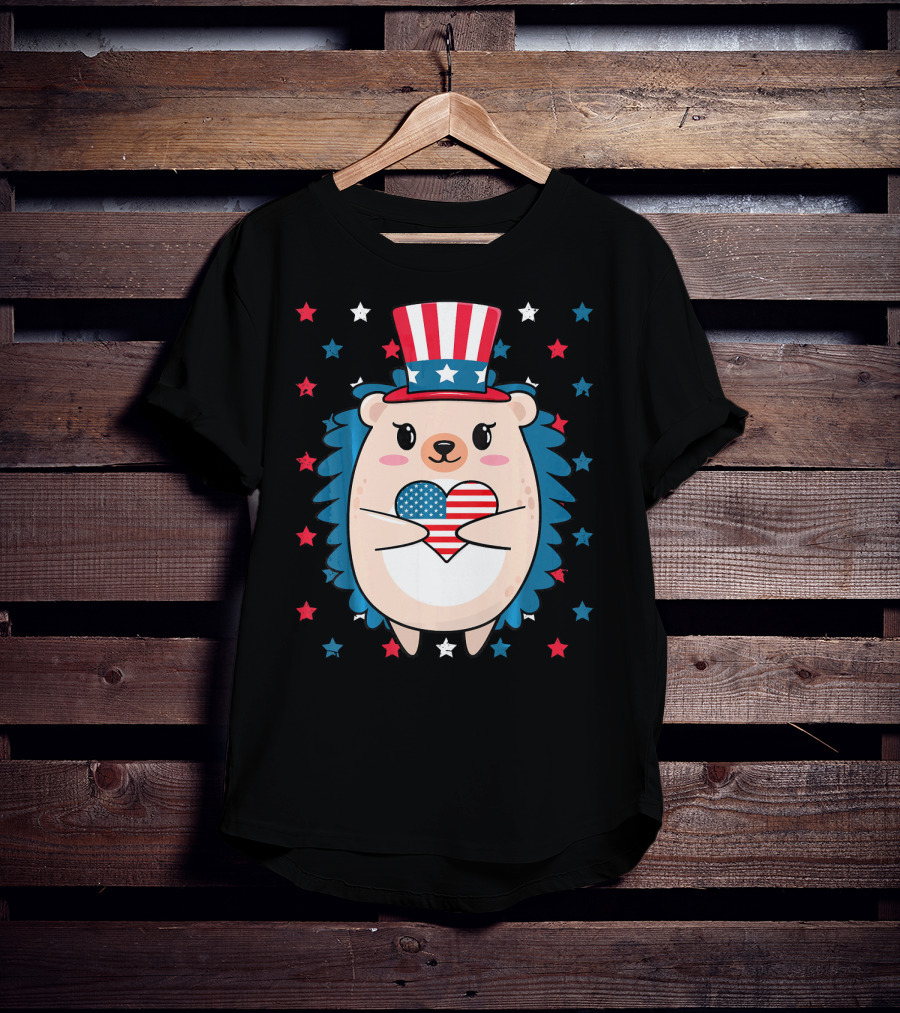 Hedgehog Patriotic Stars Uncle Sam Hat Holding USA Flag Heart T-Shirt