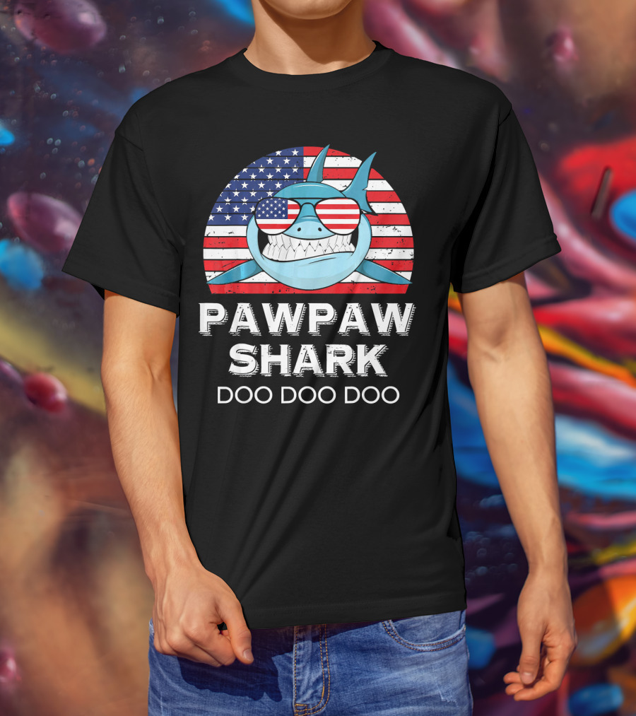Pawpaw Shark Doo Doo Doo American Flag Sunglasses T-Shirt