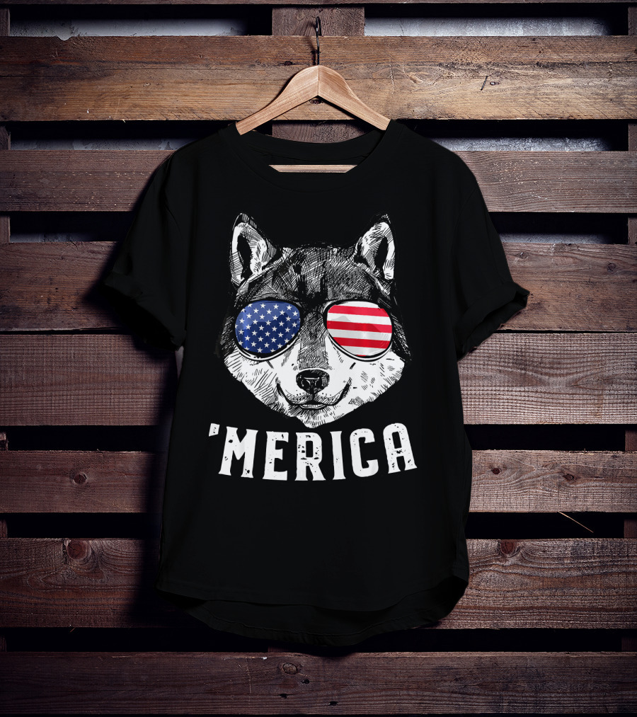 Patriotic Wolf American Flag Sunglasses 'Merica T-Shirt