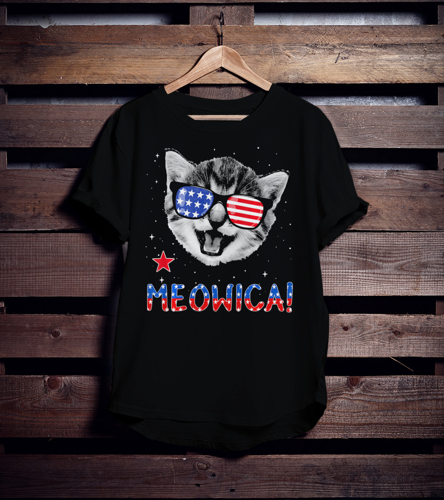 Meowica Cat With American Flag Glasses And Stars T-Shirt