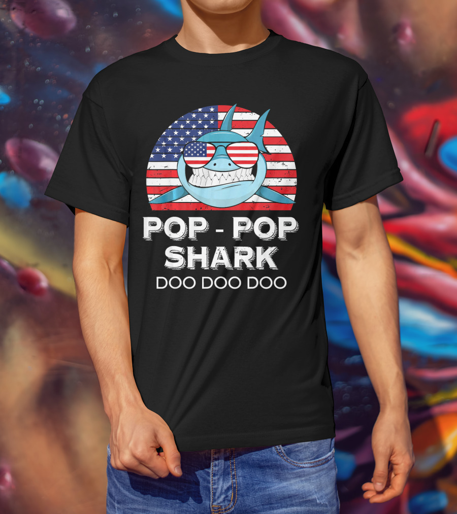 Pop Pop Shark Doo Doo Doo USA Flag Sunglasses T-Shirt