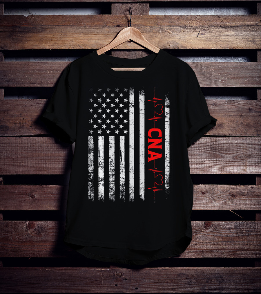 American Flag Heartbeat Red CNA Patriotic Nurse T-Shirt
