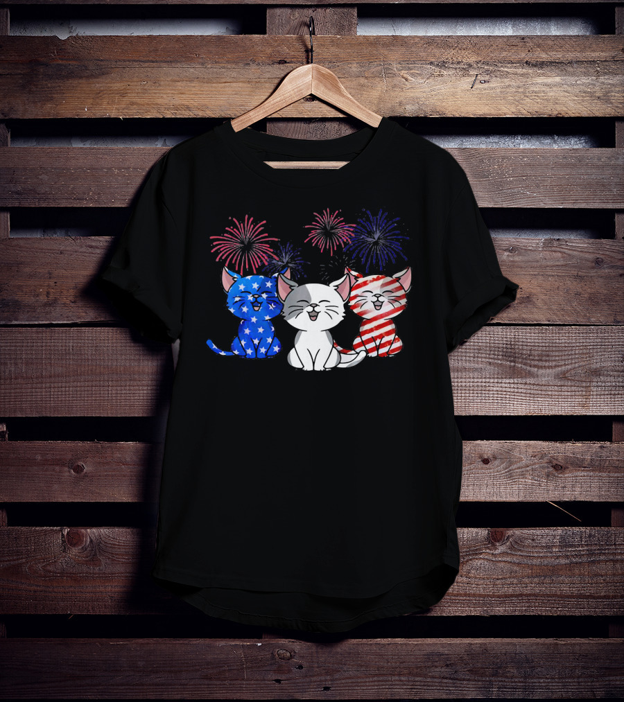 Funny Cat Fourth Of July Fireworks American Flag T-Shirt