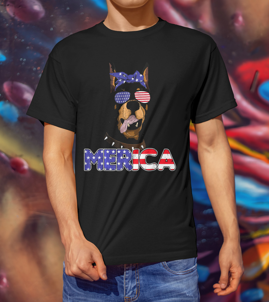 Patriotic Merica Doberman Pinscher With American Flag Bandana And Sunglasses T-Shirt