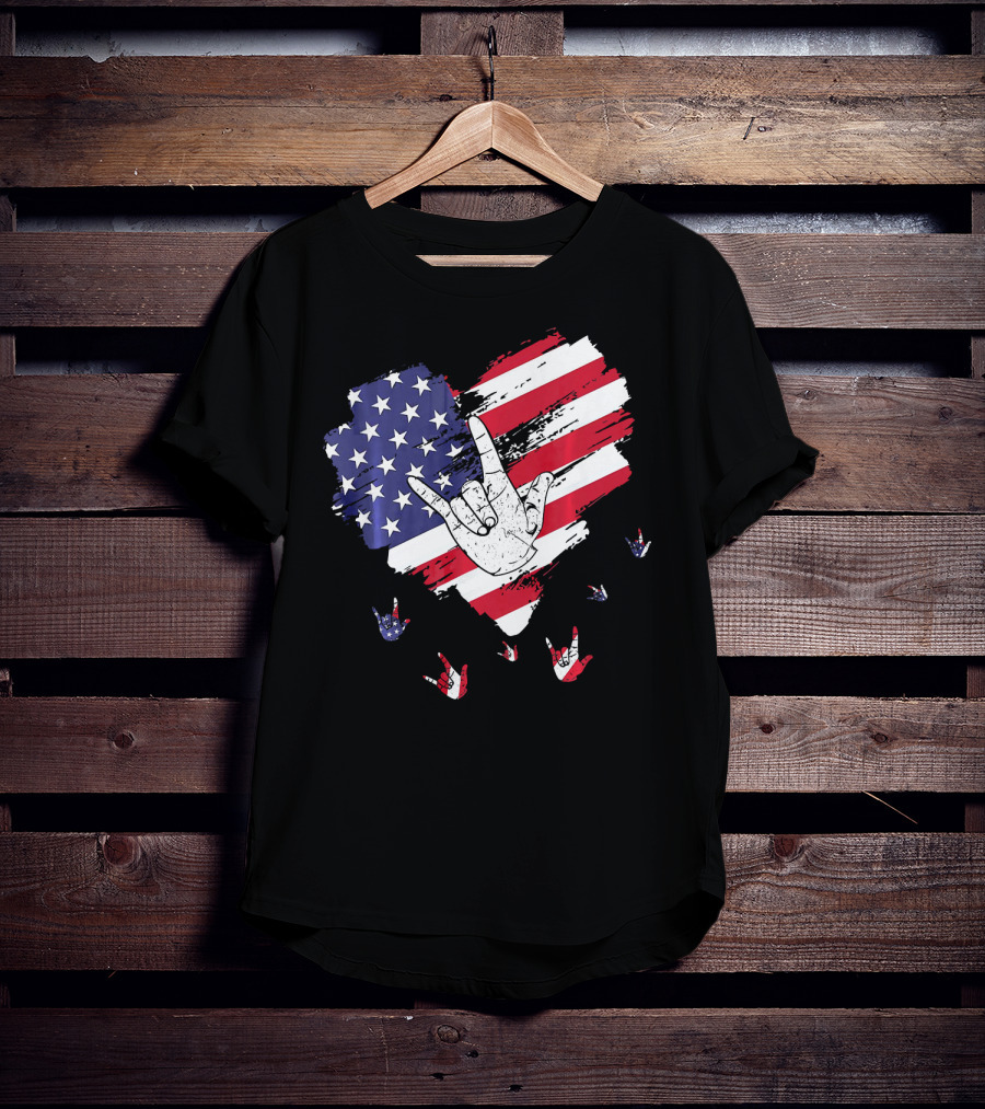 I Love You American Sign Language Hand Shape Heart With USA Flag Colors T-Shirt