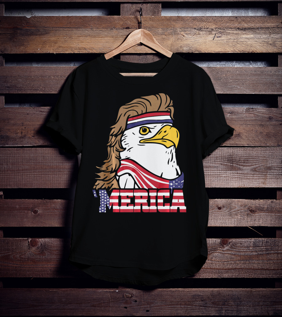'Merica Bald Eagle Mullet Headband American Flag T-Shirt