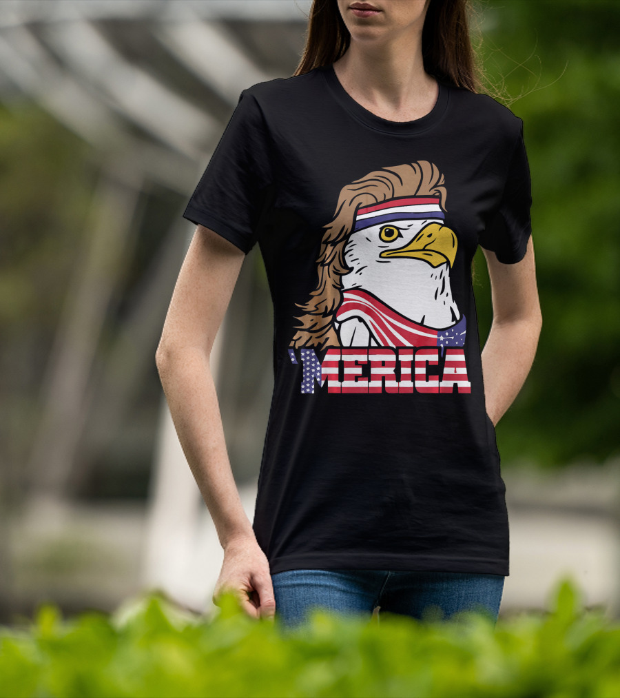 'Merica Bald Eagle Mullet Headband American Flag T-Shirt