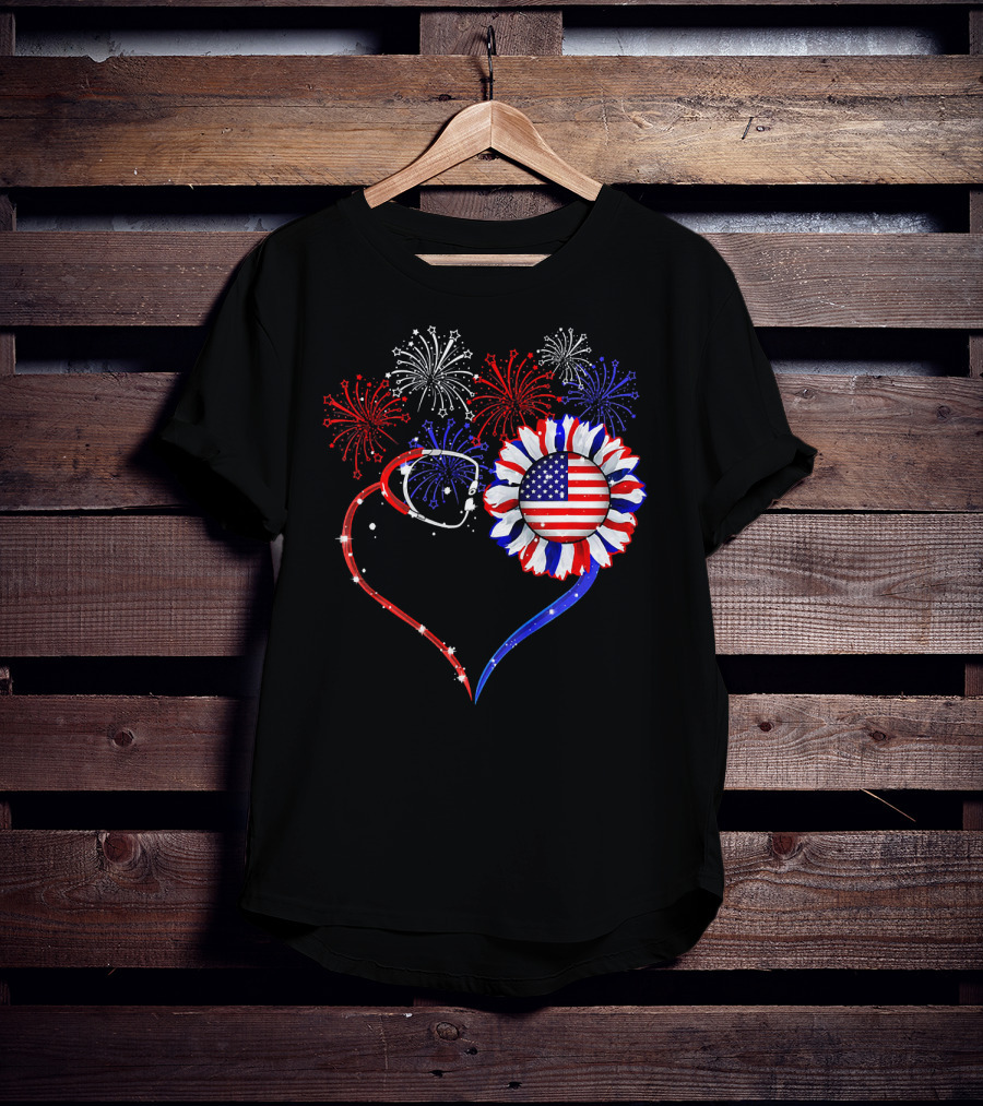 Nurse Heart Stethoscope Sunflower American Flag Fireworks T-Shirt