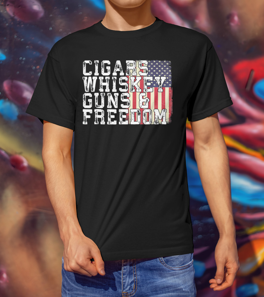 Cigars Whiskey Guns And Freedom American Flag T-Shirt