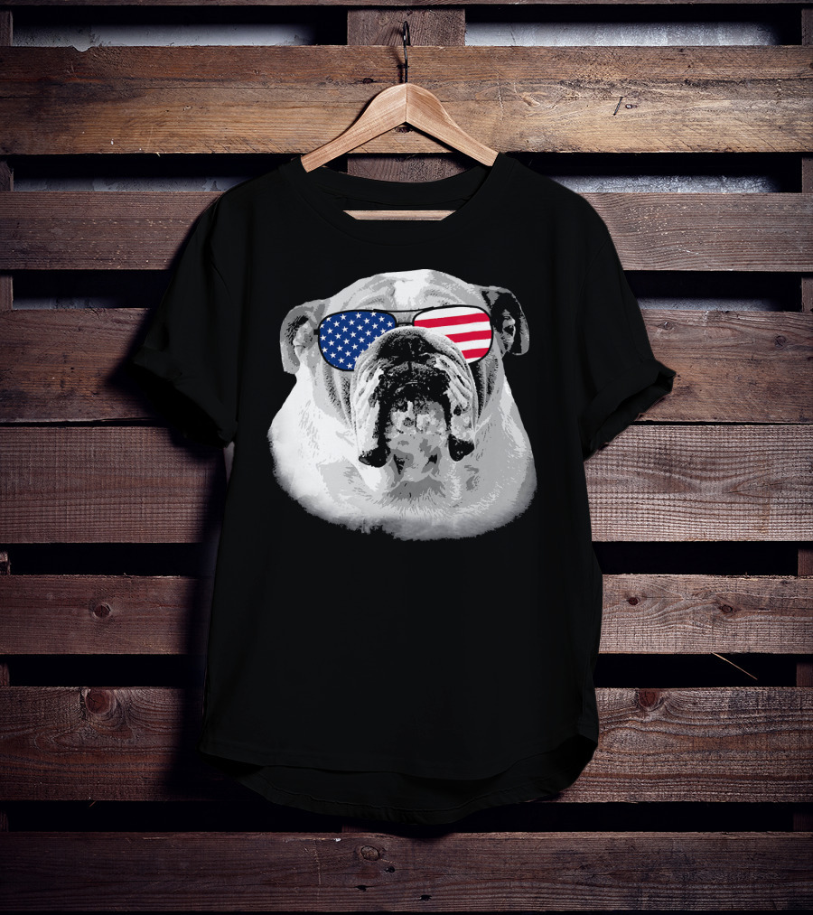 Patriotic Bulldog Dog Merica American Flag Sunglasses T-Shirt