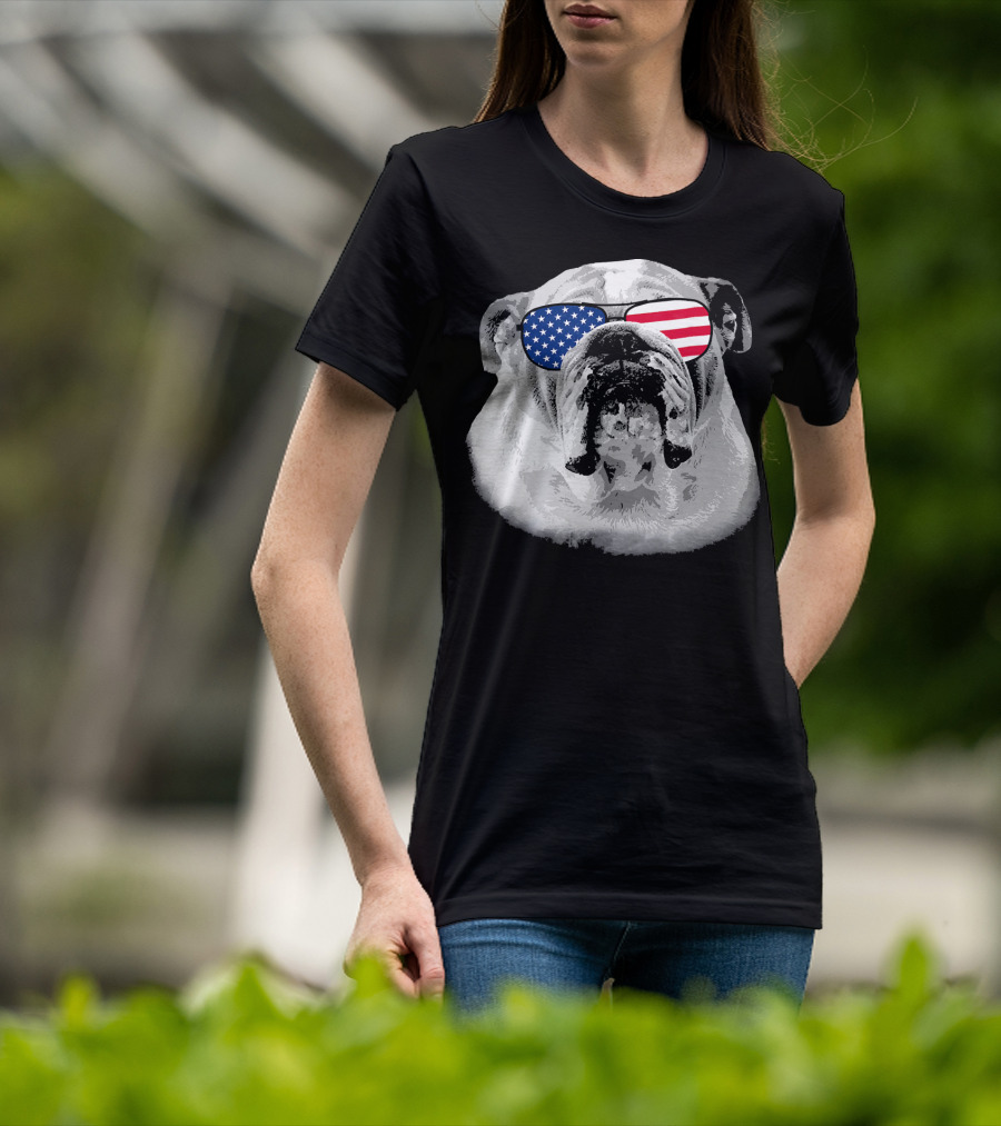 Patriotic Bulldog Dog Merica American Flag Sunglasses T-Shirt