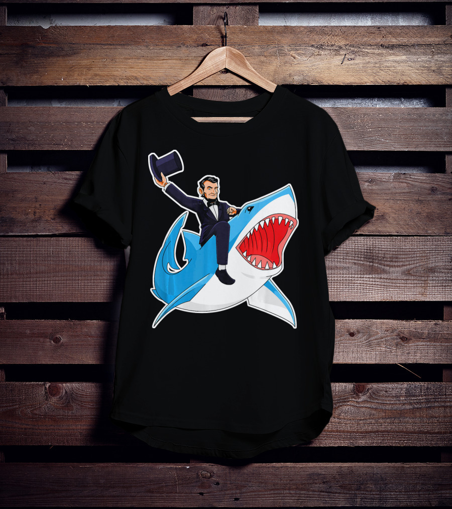 Abraham Lincoln Riding A Shark Waving Top Hat Adventure T-Shirt