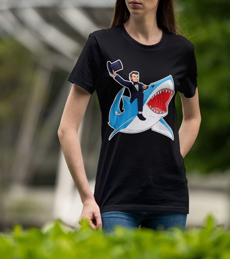 Abraham Lincoln Riding A Shark Waving Top Hat Adventure T-Shirt
