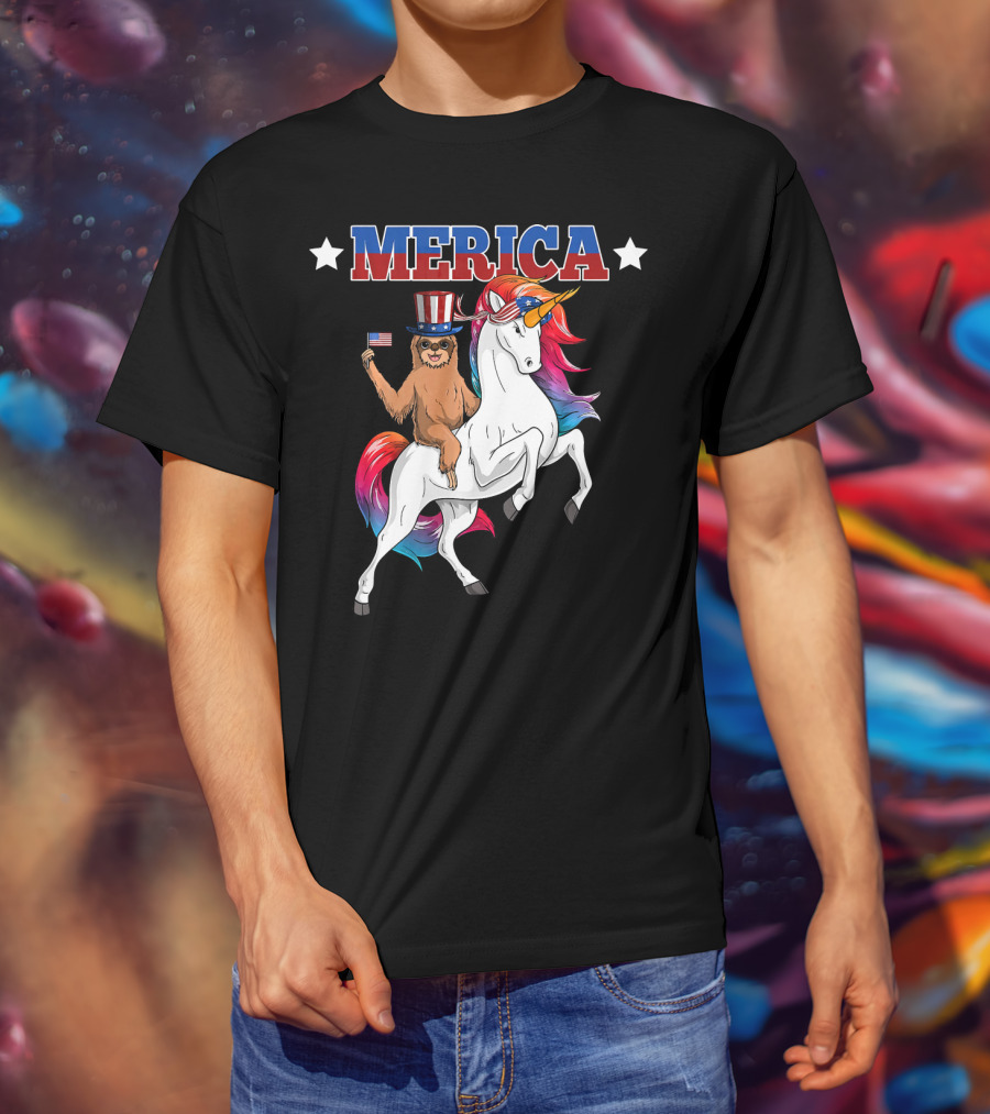 Merica Sloth Riding Patriotic Unicorn With USA American Flag T-Shirt