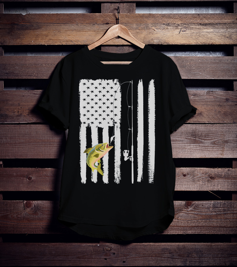 American Flag Fishing Pole With Fish USA Patriotic T-Shirt