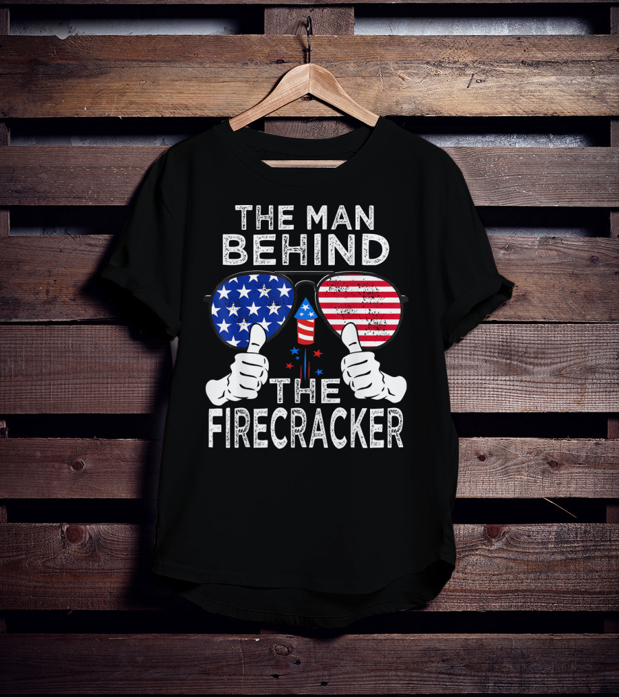 The Man Behind The Firecracker Patriotic Sunglasses Stars Stripes T-Shirt