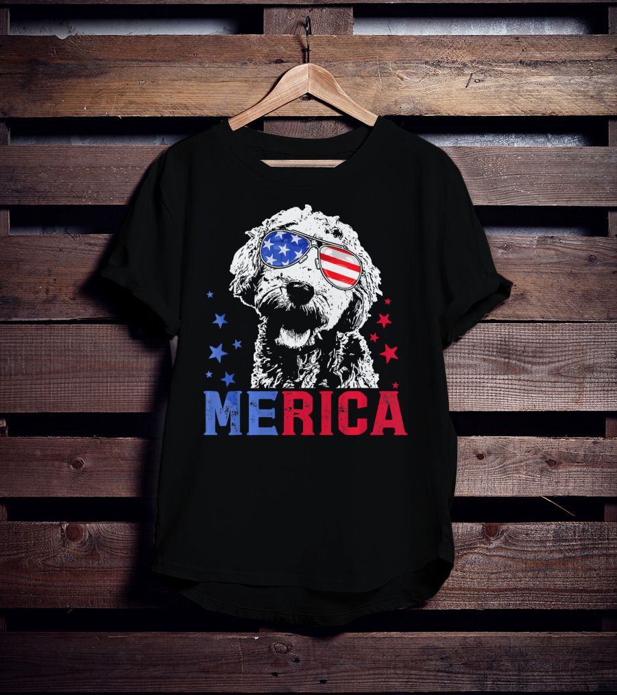 Merica Goldendoodle USA Flag Sunglasses Patriotic Stars T-Shirt