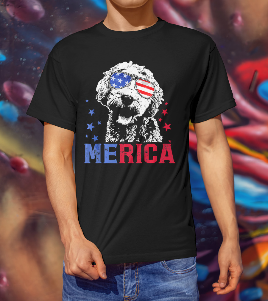 Merica Goldendoodle USA Flag Sunglasses Patriotic Stars T-Shirt
