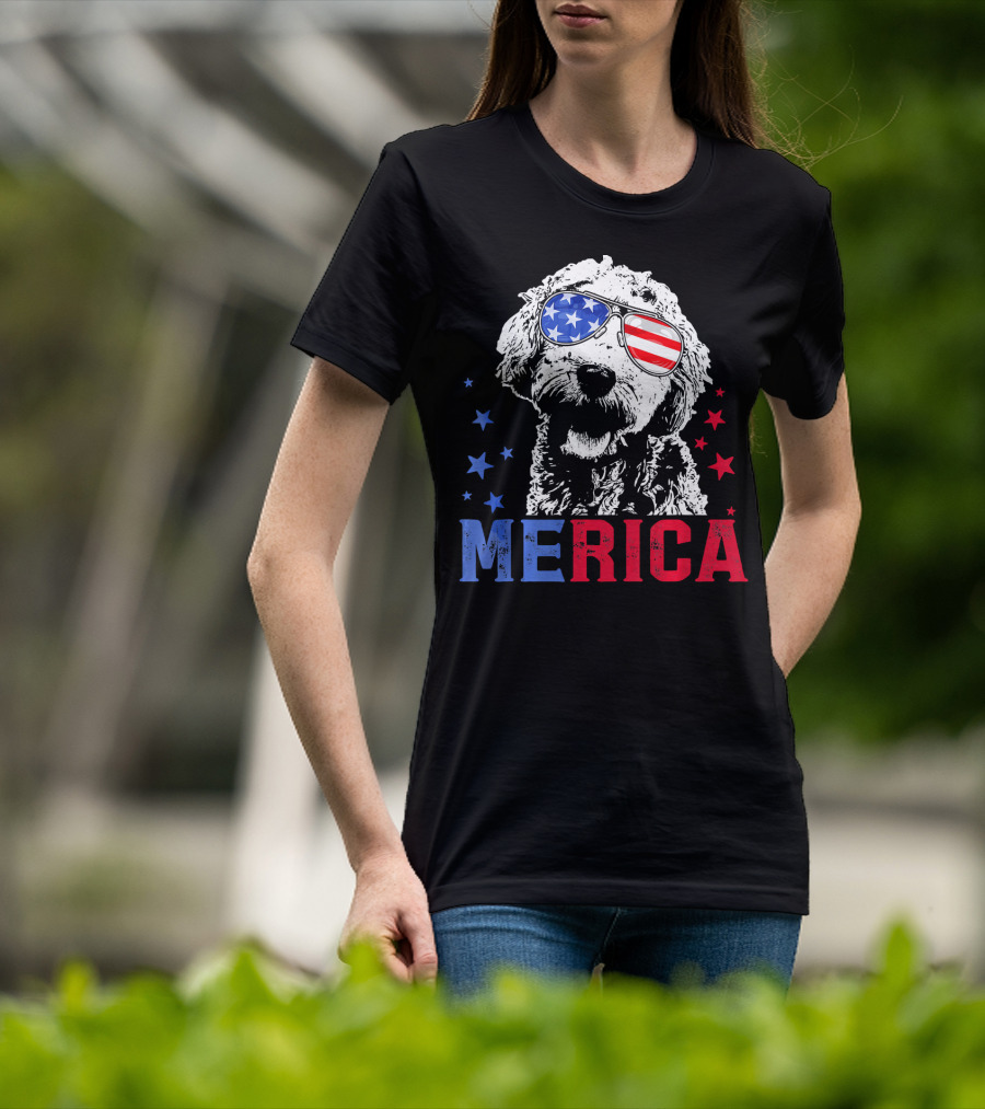 Merica Goldendoodle USA Flag Sunglasses Patriotic Stars T-Shirt