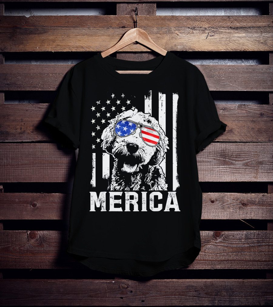 Merica Goldendoodle With American Flag Sunglasses And Stripes T-Shirt