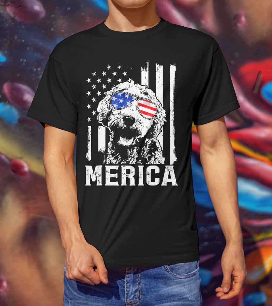 Merica Goldendoodle With American Flag Sunglasses And Stripes T-Shirt