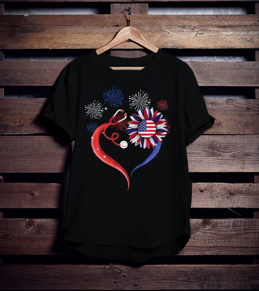 Heart Shaped Red Stethoscope Sunflower With USA Flag And Fireworks T-Shirt