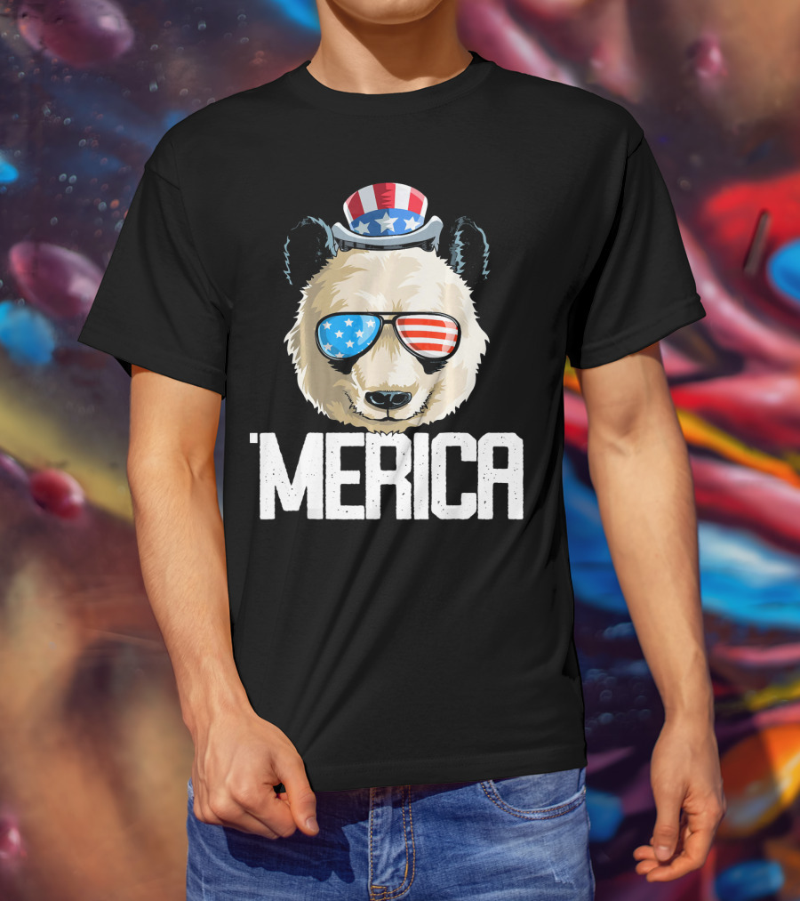 'Merica Panda With Patriotic Sunglasses And Uncle Sam Hat T-Shirt
