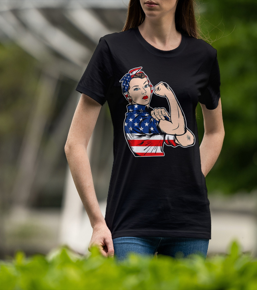 USA Flag Rosie The Riveter Bandana Feminist T-Shirt