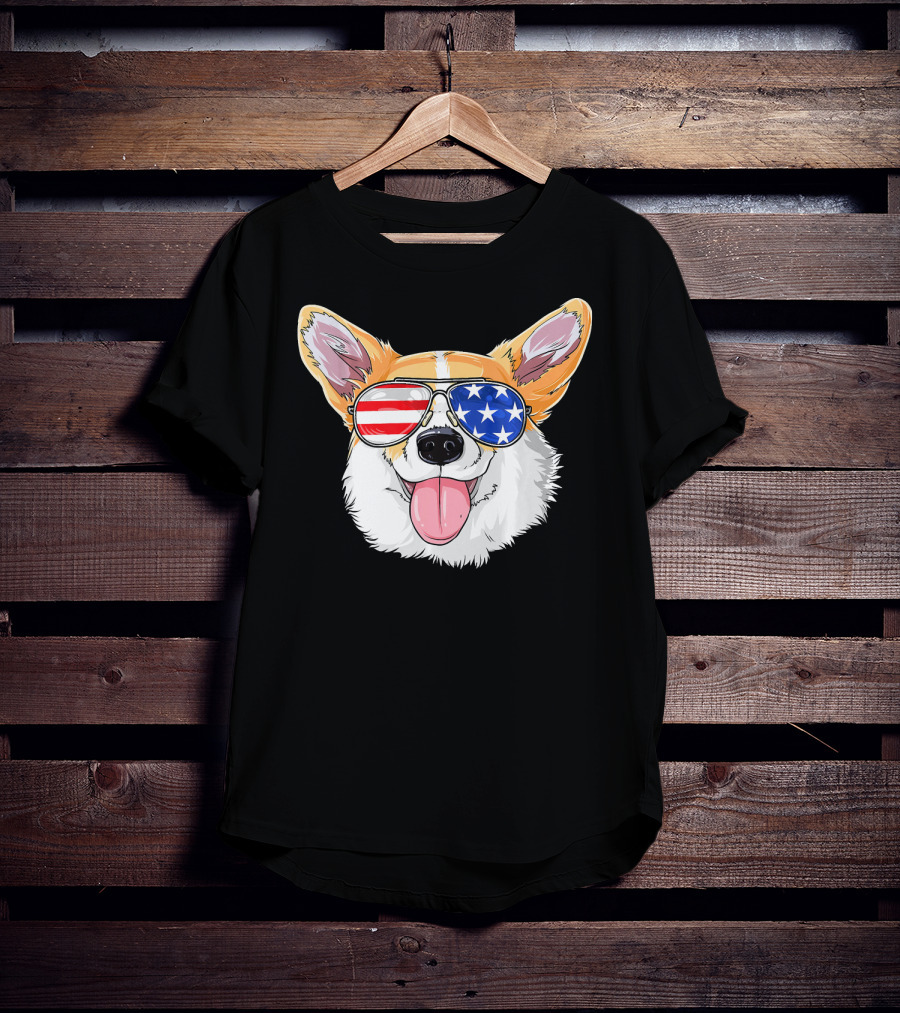 Patriotic Corgi With American Flag Sunglasses T-Shirt