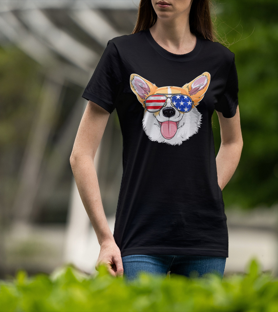 Patriotic Corgi With American Flag Sunglasses T-Shirt