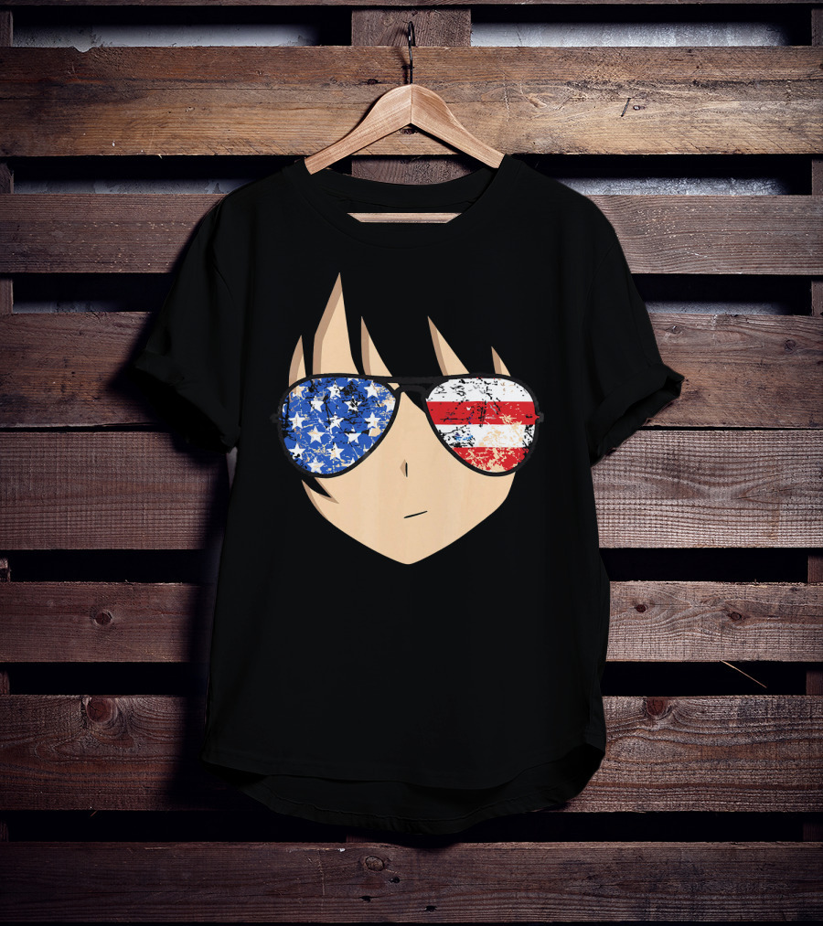 American Anime Face With Stars And Stripes USA Sunglasses T-Shirt