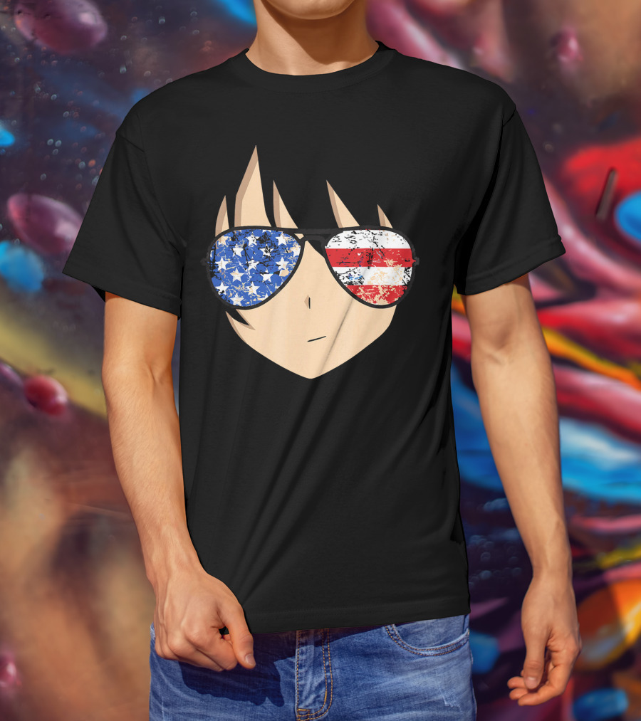 American Anime Face With Stars And Stripes USA Sunglasses T-Shirt