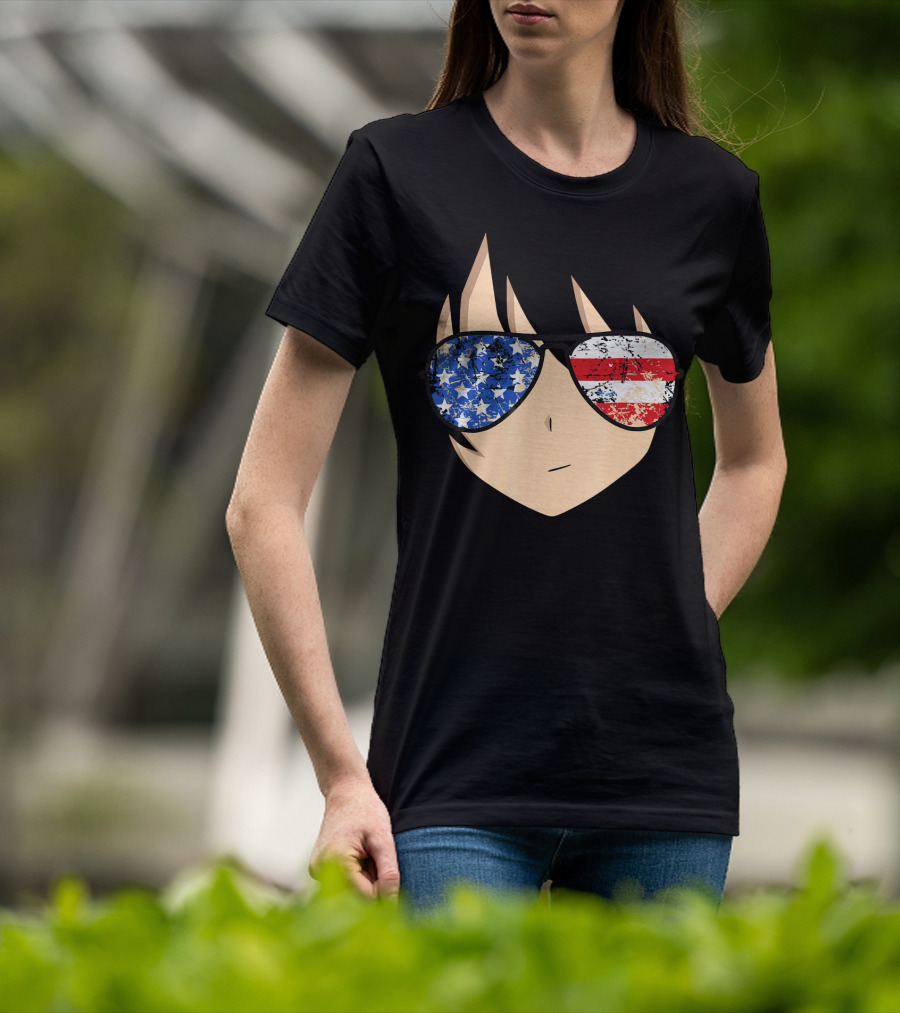 American Anime Face With Stars And Stripes USA Sunglasses T-Shirt