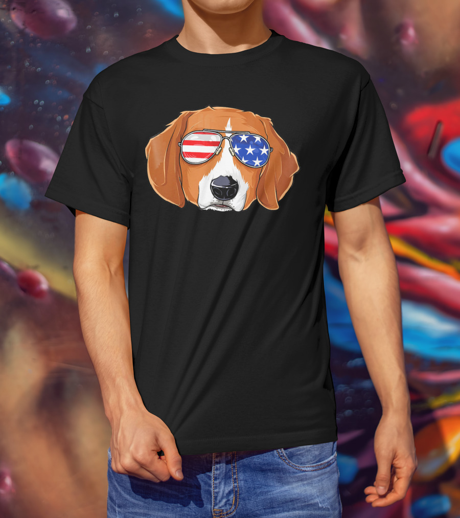 Beagle Wearing American Flag Sunglasses With Patriotic T-Shirt