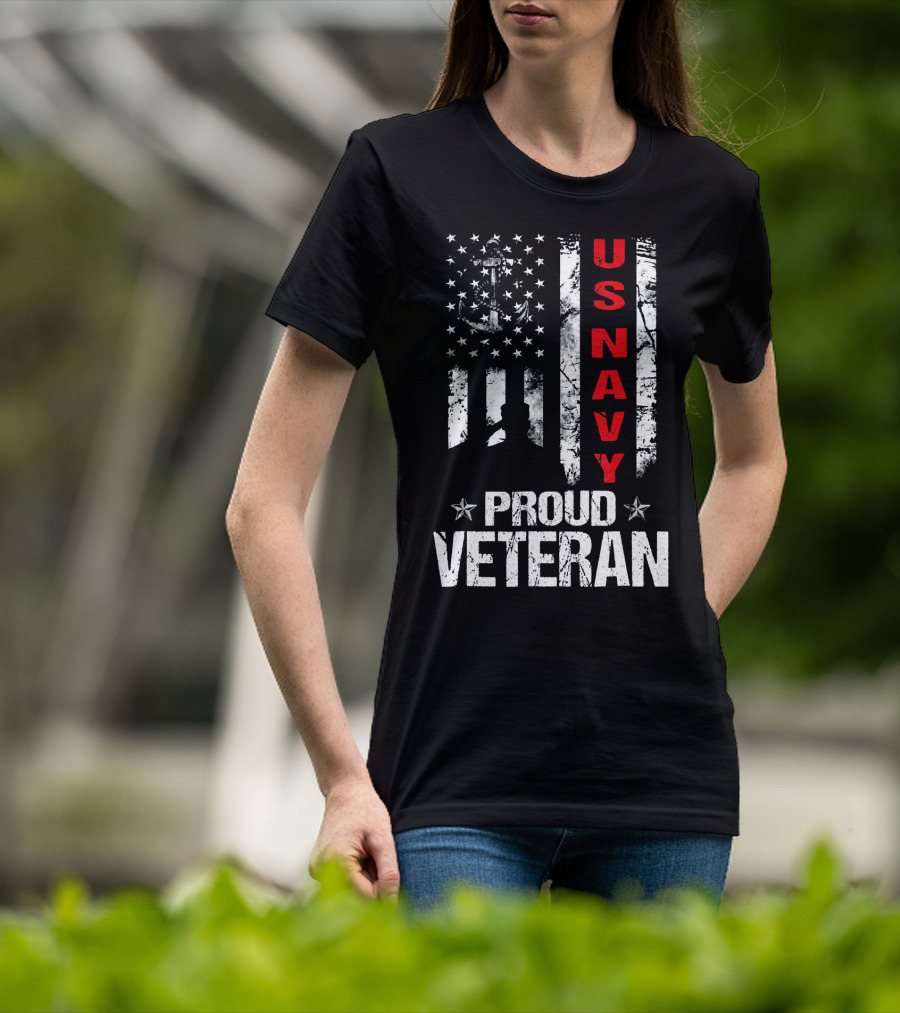 US Navy Proud Veteran Patriotic American Flag Anchor Stars T-Shirt