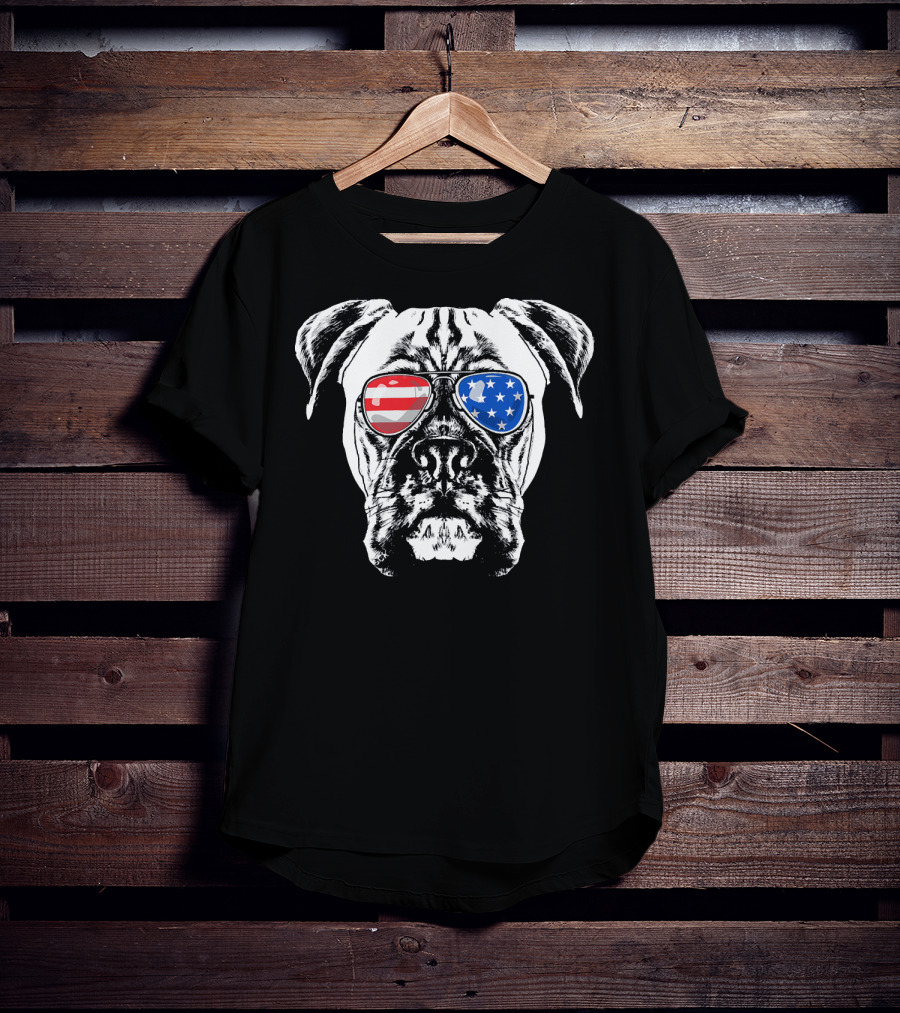 Boxer Dog American Flag Sunglasses Patriotic T-Shirt